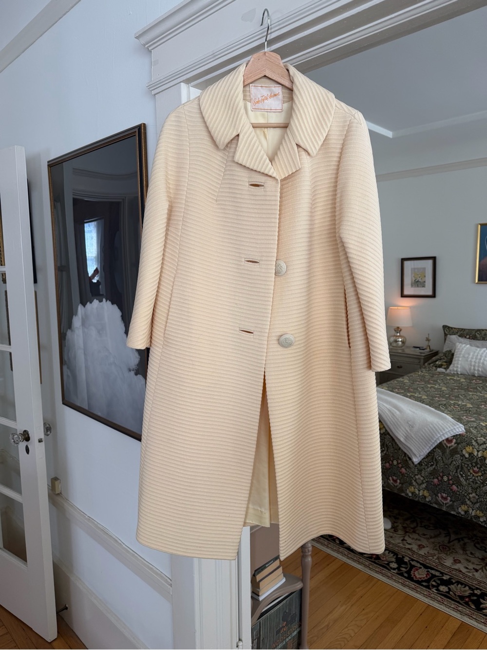 Saks Fifth Avenue Butter Cream Pale Yelliw Ribbed Wool Pea Coat- VINTAGE